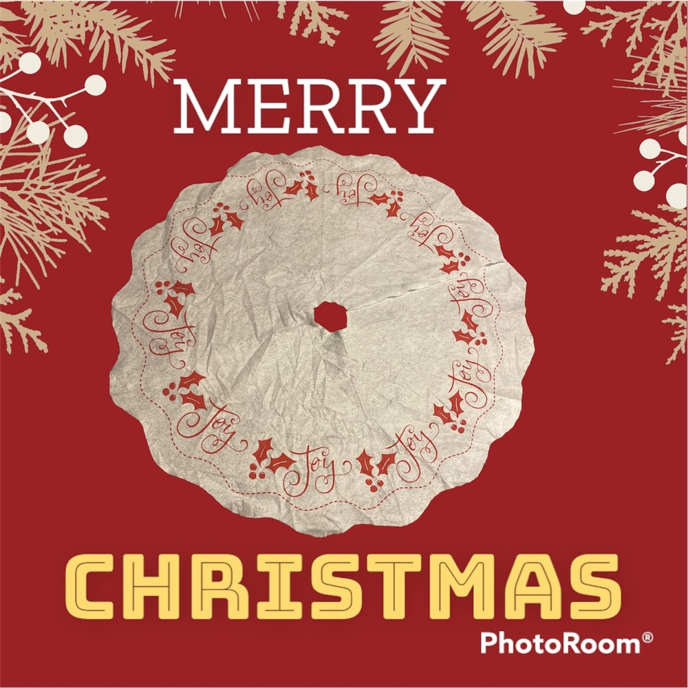 CHRISTMAS TREE White FELT TREE SKIRT ~ Joy Red Berry Holly 41”